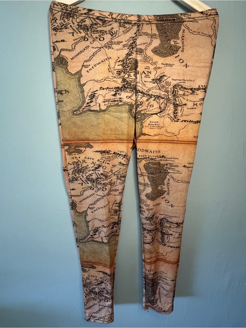 Lord of the Rings Map Print Leggings - Beige Green Pattern